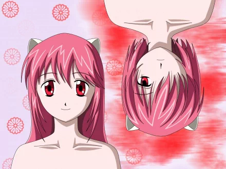 A vibrant HD wallpaper featuring Lucy from the anime Elfen Lied, showcasing her iconic pink hair and expressive eyes against a colorful background.