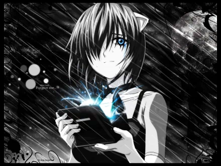 HD desktop wallpaper featuring Lucy from the anime Elfen Lied, with a monochrome background and glowing blue highlights. Lucy is holding an illuminated object and standing amidst a rainy atmosphere.
