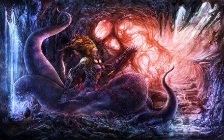 HD desktop wallpaper featuring a dark, monstrous creature with tentacles in a mysterious, glowing cavern setting. The artwork is detailed and atmospheric, casting an eerie but captivating mood.