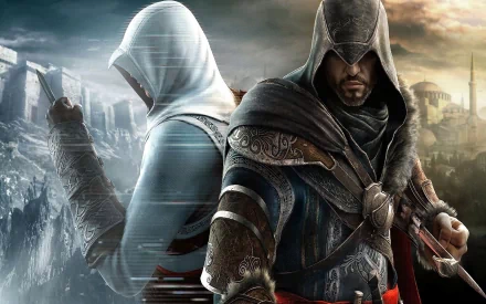 High-definition wallpaper featuring characters from Assassin's Creed: Revelations, showcasing a dramatic scene with contrasting figures in iconic hoods against a textured background.