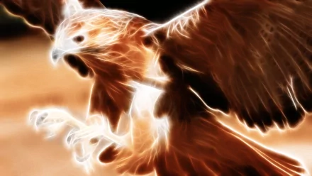 Fractal-style HD desktop wallpaper of an eagle with glowing, fiery outlines against a dark background, highlighting the animal’s dynamic pose and fierce expression.