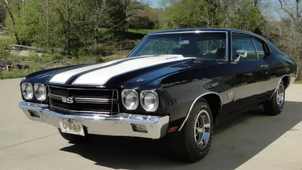HD desktop wallpaper featuring a black Chevrolet Chevelle SS muscle car with white racing stripes parked outdoors on a sunny day.