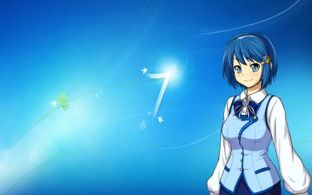 HD desktop wallpaper featuring Nanami Madobe, the anime-style Os-tan mascot for Microsoft Windows 7, set against a glowing blue background with the Windows 7 logo.
