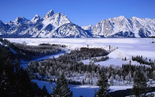 A stunning winter landscape featuring snow-capped mountains, a winding river, and a serene forest setting in the Alps, showcasing the beauty of nature in a cold, tranquil scene.