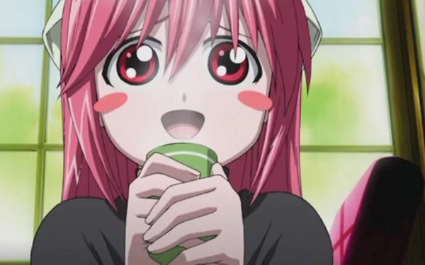 HD PC desktop wallpaper featuring Lucy from the anime Elfen Lied, showcasing her with pink hair and large expressive eyes while holding a green cup.