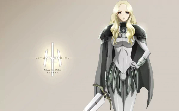 A high-definition anime wallpaper featuring a female character in armor from Claymore, standing confidently with a sword, set against a simple beige background.