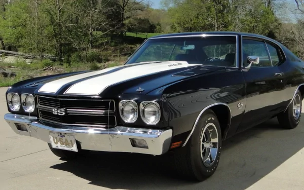HD desktop wallpaper featuring a black Chevrolet Chevelle SS muscle car with white racing stripes parked outdoors on a sunny day.