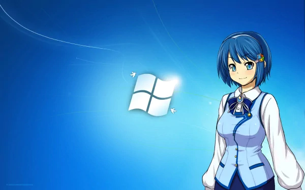 HD desktop wallpaper featuring Nanami Madobe, the anime personification of Microsoft Windows 7, against a bright blue background with the Windows logo.