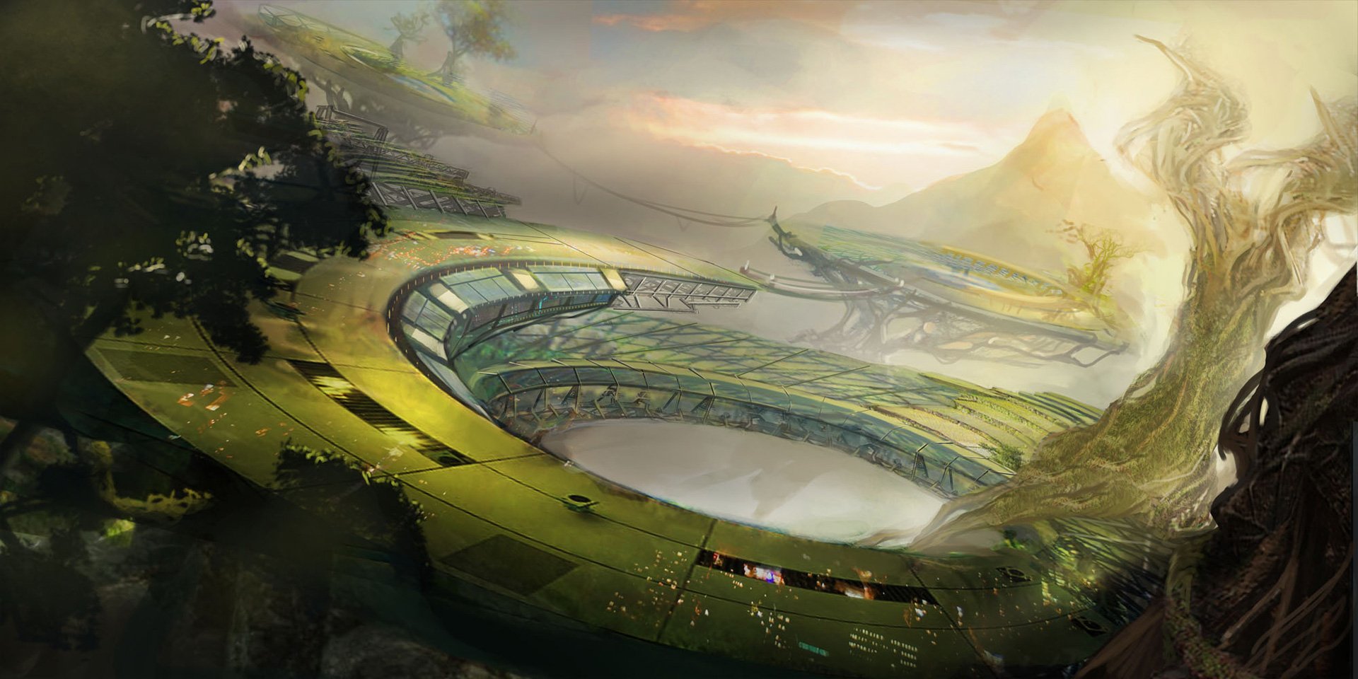 HD PC desktop wallpaper featuring a sci-fi landscape with a futuristic, circular structure nestled within lush, misty terrain under a glowing, ethereal sky.