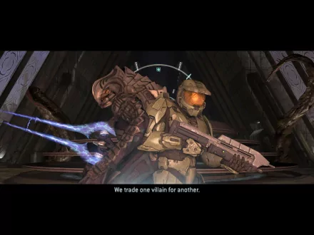 HD wallpaper featuring characters from the video game Halo. Two figures are back-to-back in a confrontational stance with a caption below reading, We trade one villain for another.