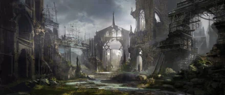 HD fantasy PC desktop wallpaper depicting ancient, overgrown ruins under a cloudy sky, blending gothic architecture with a mysterious, abandoned atmosphere.