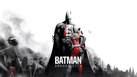 A dramatic HD wallpaper featuring Batman and a female character from Batman: Arkham City, set against a moody, urban backdrop. The composition highlights their intense dynamic.
