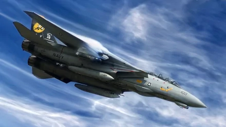 HD PC desktop wallpaper showing a Grumman F-14 Tomcat military jet banking through dramatic cloudy blue skies.