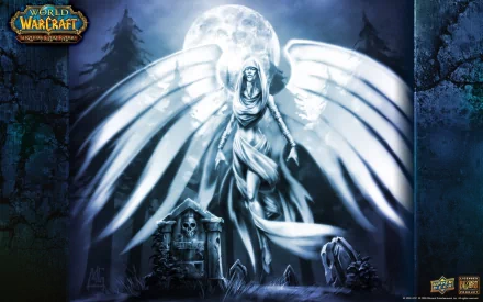 A haunting angelic figure stands over a grave, illuminated by the moon, embodying the spirit of World of Warcraft in this atmospheric HD desktop wallpaper.