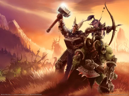 Epic World of Warcraft battle scene at night featuring a human and elf fighting an orc, rendered in HD for a dynamic PC desktop wallpaper.