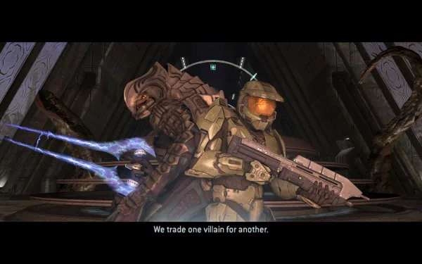 HD wallpaper featuring characters from the video game Halo. Two figures are back-to-back in a confrontational stance with a caption below reading, We trade one villain for another.