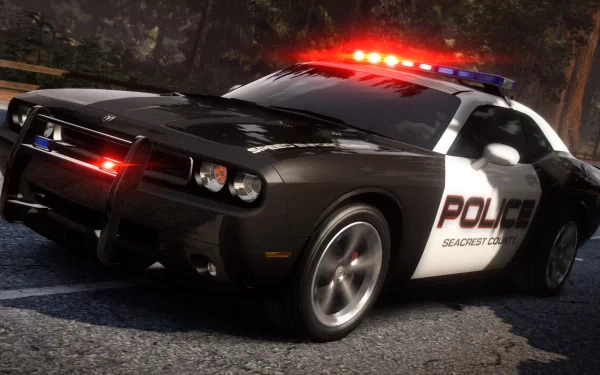 HD PC desktop wallpaper from the video game Need For Speed: Hot Pursuit showing a black and white police car with flashing red and blue lights on a forest road.