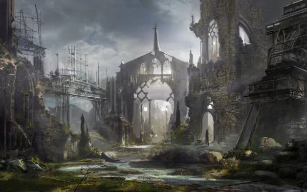 HD fantasy PC desktop wallpaper depicting ancient, overgrown ruins under a cloudy sky, blending gothic architecture with a mysterious, abandoned atmosphere.