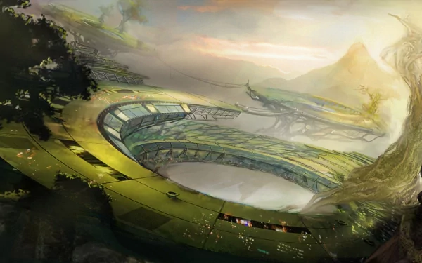 HD PC desktop wallpaper featuring a sci-fi landscape with a futuristic, circular structure nestled within lush, misty terrain under a glowing, ethereal sky.