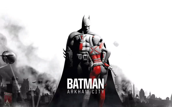 A dramatic HD wallpaper featuring Batman and a female character from Batman: Arkham City, set against a moody, urban backdrop. The composition highlights their intense dynamic.