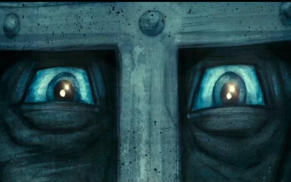 A striking HD desktop wallpaper from the movie Priest, featuring intense blue eyes peering through a metallic visor, evoking a sense of mystery and intrigue.