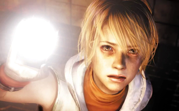 HD PC desktop wallpaper of a character from the video game Silent Hill 3 holding a glowing light source in a dark, eerie setting.