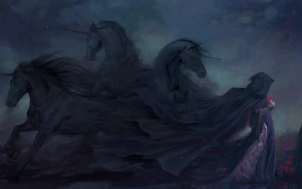 Dark, gothic artistic HD desktop wallpaper featuring a mysterious figure draped in black with flowing dark hair, alongside two majestic, shadowed unicorns under a moody, clouded night sky.