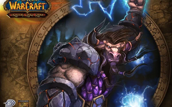 HD World of Warcraft desktop wallpaper featuring a Tauren Shaman casting lightning, set against a mystical rune background with the game logo in the corner.