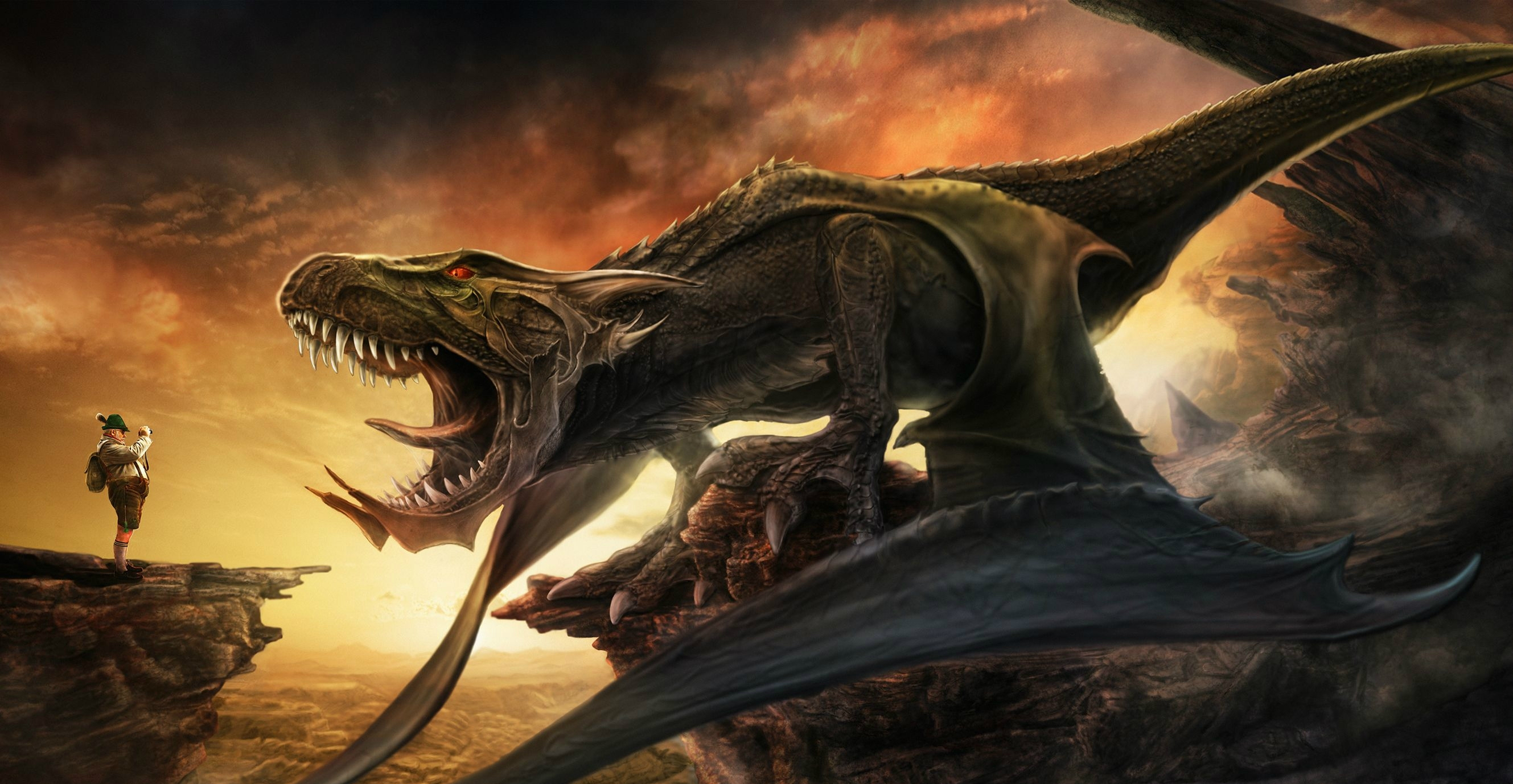 Majestic dragon, resembling a fearsome dinosaur, graces this captivating desktop wallpaper.