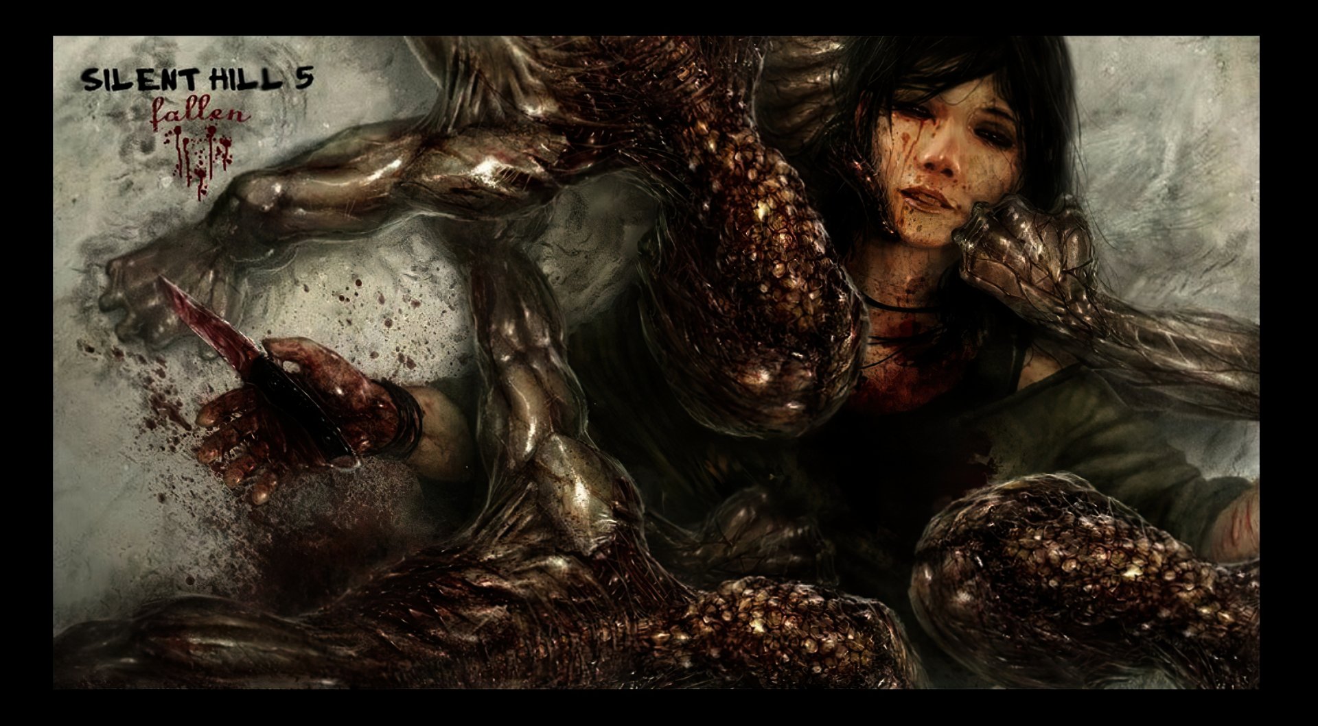 HD PC desktop wallpaper featuring a dark, eerie scene from the video game Silent Hill 5: Fallen, depicting a distressed character entangled with grotesque creatures.