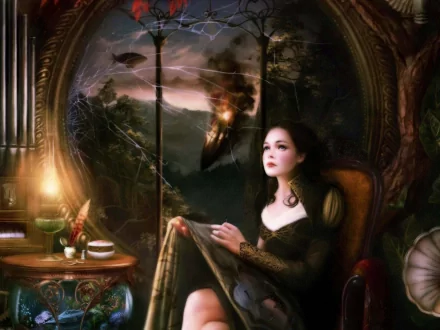 Fantasy-themed HD PC desktop wallpaper featuring a woman in dark attire seated in an ornate room with a dramatic, stormy background visible through a large window.