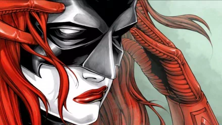HD comic-style PC desktop wallpaper featuring a close-up of Batwoman with her red hair and mask, showcasing intense expression and detailed artwork.