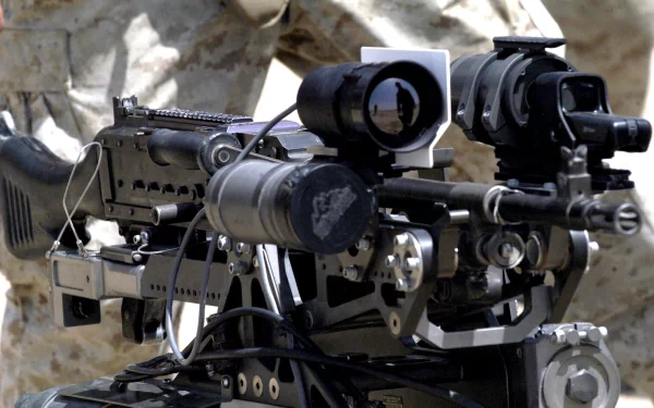 HD image of a detailed, advanced machine gun mounted on a stand with tactical accessories, serving as a powerful desktop wallpaper background.
