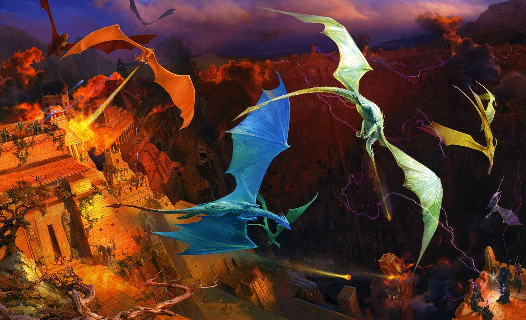 Epic battle between a dragon and warriors in a fantastical world - Vladimir Bondar's desktop wallpaper.