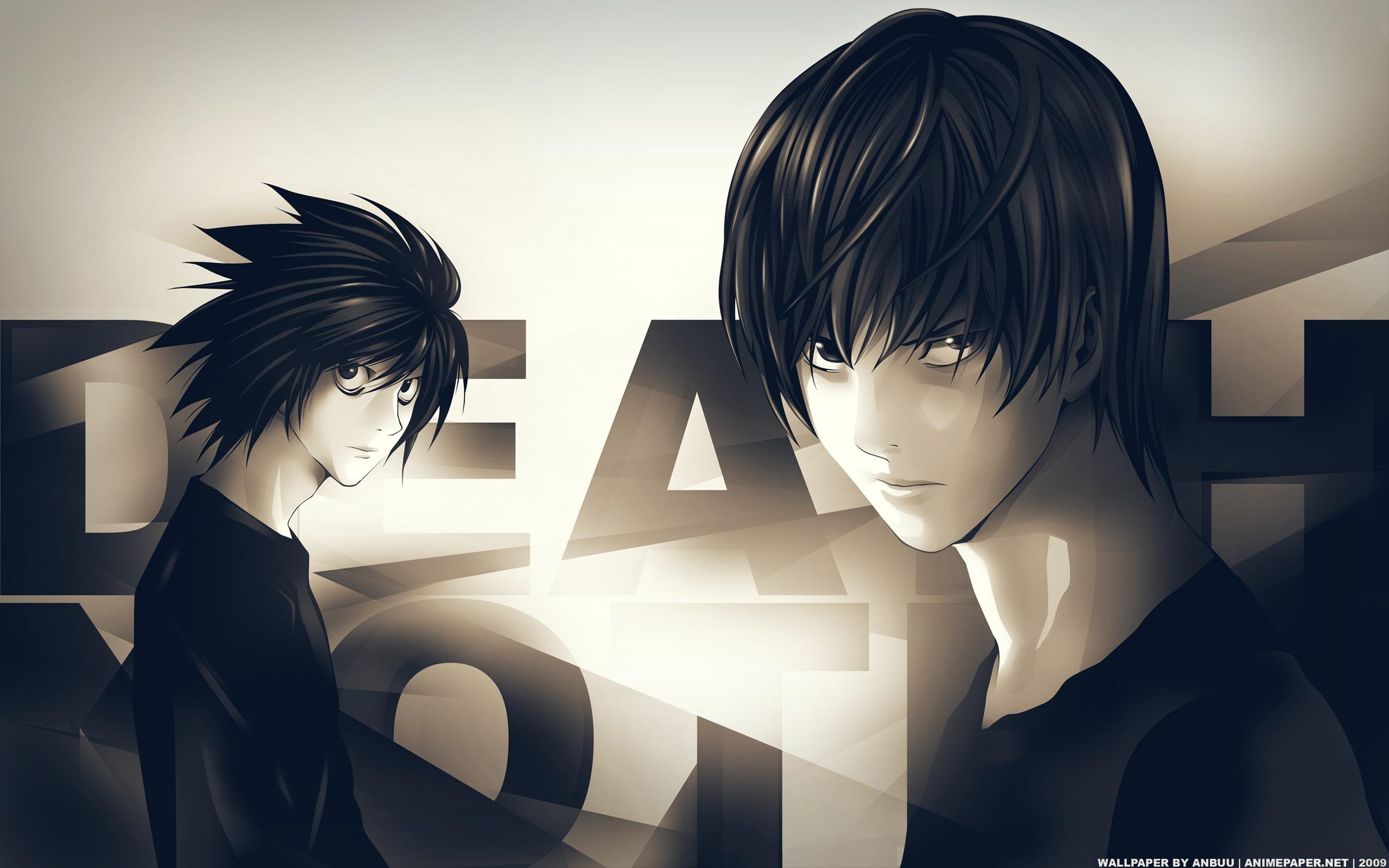 Animated characters Light Yagami and L from Death Note engaged in intense confrontation.