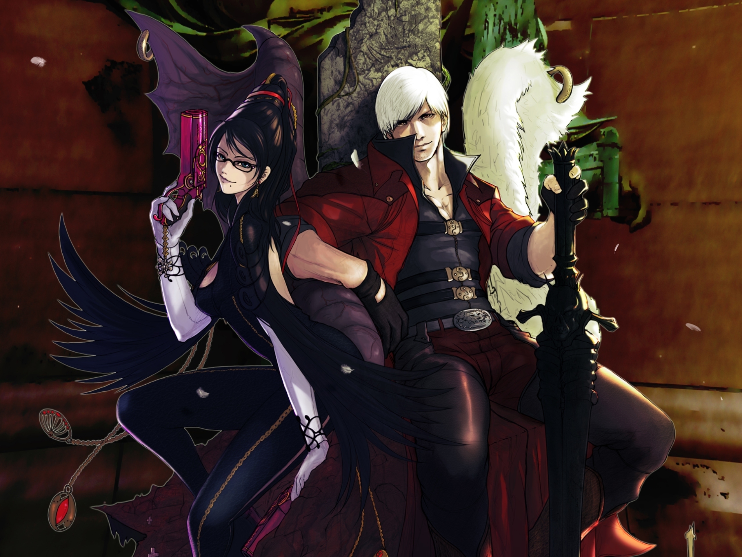 Dynamic crossover art featuring Dante from Devil May Cry and Bayonetta, showcasing their iconic video game characters.