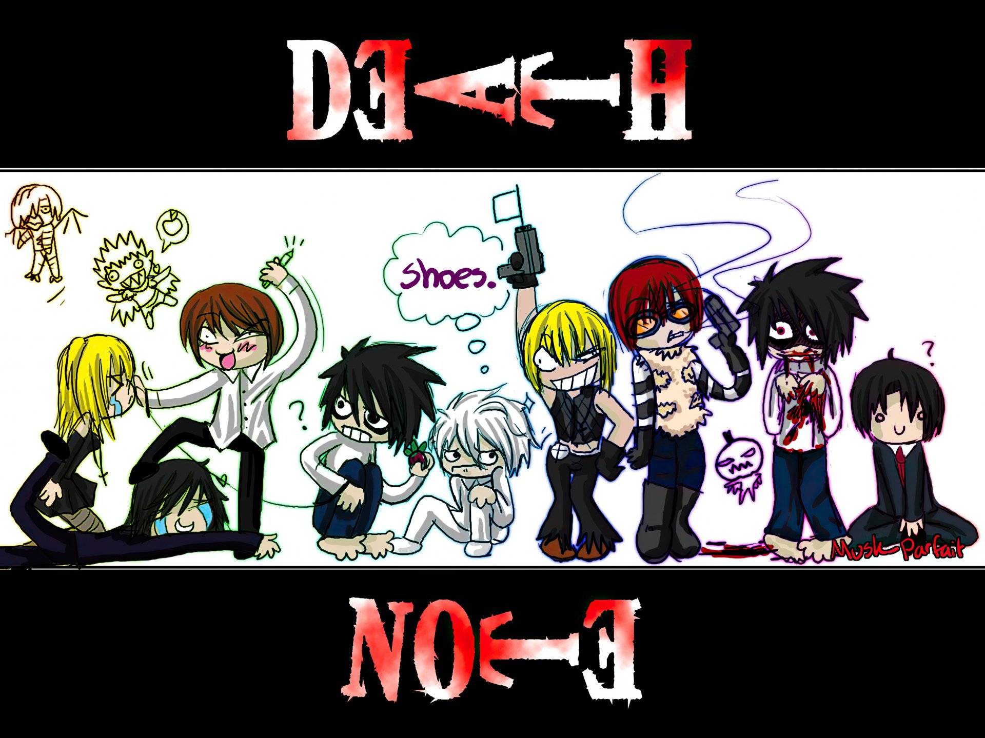 Chibi-style Death Note anime characters in a colorful HD PC desktop wallpaper, featuring Light, L, Misa, and others in playful poses against a white background.