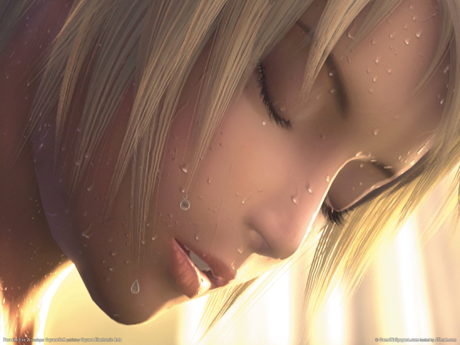 HD PC desktop wallpaper: close-up of a Parasite Eve video game character — blonde woman with water droplets on her face, eyes closed and bathed in soft golden light.