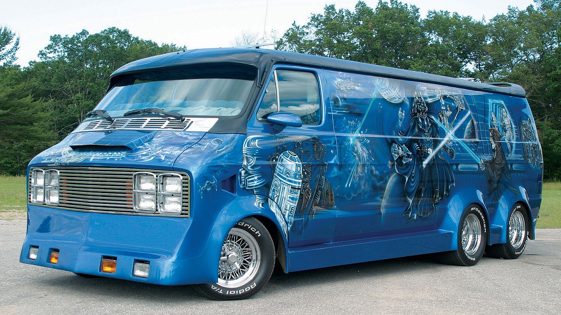 HD PC desktop wallpaper featuring a customized Dodge van with detailed blue Star Wars-themed artwork on its exterior.