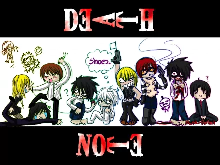 Chibi-style Death Note anime characters in a colorful HD PC desktop wallpaper, featuring Light, L, Misa, and others in playful poses against a white background.