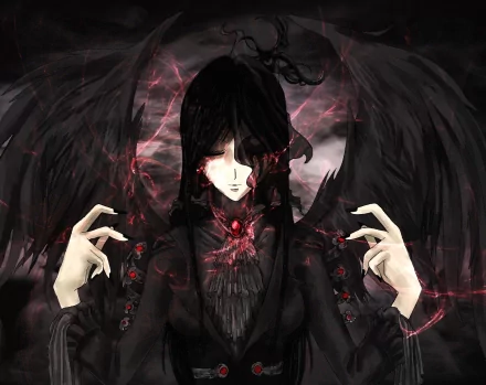 HD dark anime wallpaper featuring an ethereal angel with black wings, eyes closed, and hands gracefully poised. The angel's aura is illuminated with red, creating a gothic atmosphere.