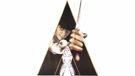 HD PC desktop wallpaper featuring a stylized image from the movie A Clockwork Orange, with the main character holding a knife framed within a large letter A.