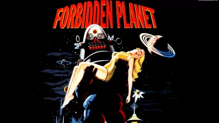 HD wallpaper featuring Robby the Robot from the classic movie Forbidden Planet, set against a cosmic backdrop with striking colors and retro design.