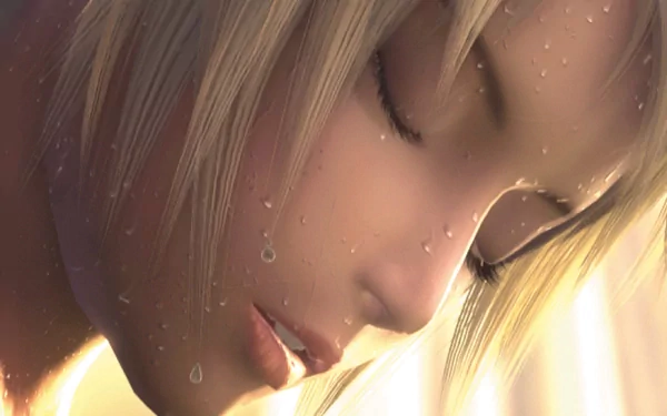 HD PC desktop wallpaper: close-up of a Parasite Eve video game character — blonde woman with water droplets on her face, eyes closed and bathed in soft golden light.