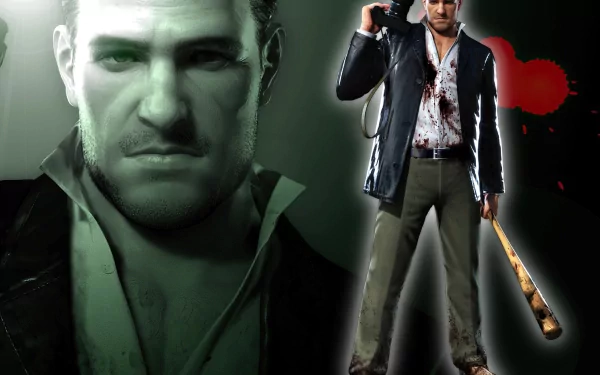 HD PC desktop wallpaper featuring a character from the video game Dead Rising, holding a bat with blood splatter in the background.