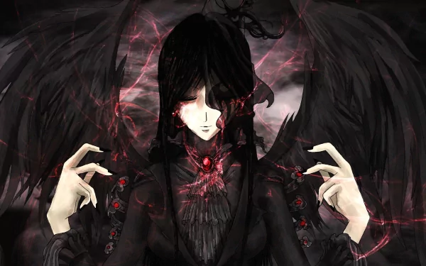 HD dark anime wallpaper featuring an ethereal angel with black wings, eyes closed, and hands gracefully poised. The angel's aura is illuminated with red, creating a gothic atmosphere.