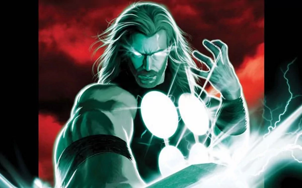 HD PC desktop wallpaper featuring Thor from Marvel Comics' Ultimates, depicted with glowing armor and lightning against a dark red stormy background.