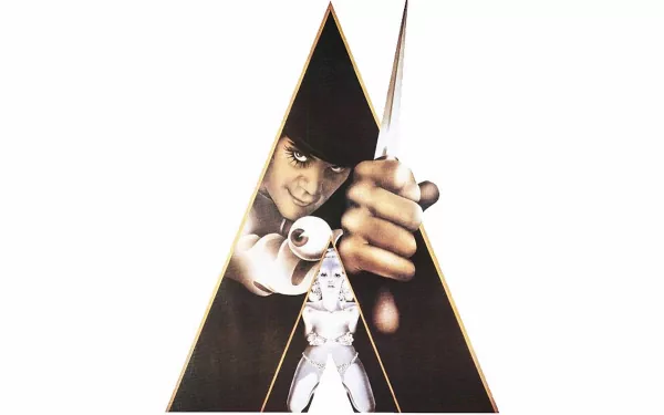 HD PC desktop wallpaper featuring a stylized image from the movie A Clockwork Orange, with the main character holding a knife framed within a large letter A.