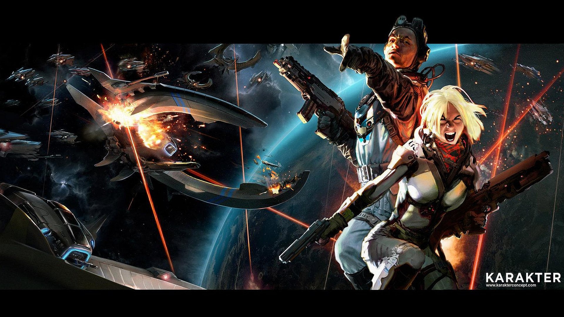 Dynamic sci-fi battle scene featuring two heroic figures amidst explosive space conflict and soaring ships, designed as an HD desktop wallpaper and background.