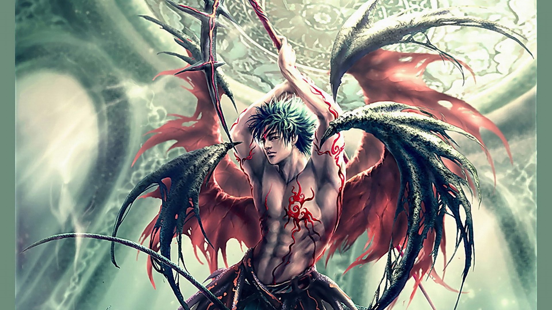 Fantasy-themed HD PC desktop wallpaper featuring a powerful angelic figure with dark, intricate wings and glowing red markings against a mystical, ethereal background.